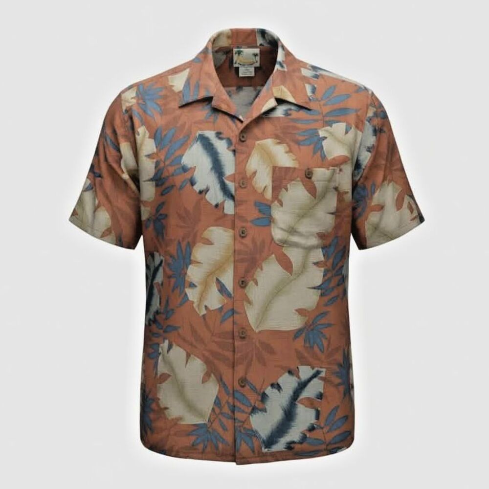 Banana Cabana Leaf Print Rust Orange Button Down Hawaiian Shirt 100% Silk Mens L